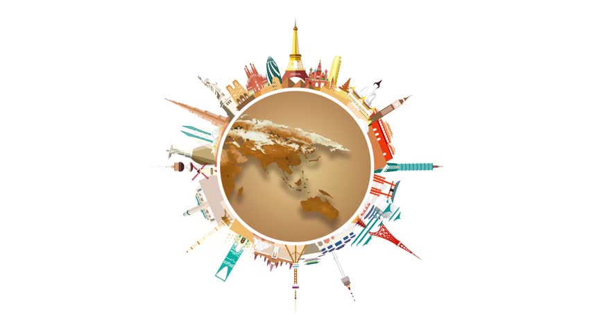 Travel landmarks around the world on white background, vacation, sightseeing animation banner with  (4K) . Travel world heritage and world famous buildings.