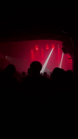 A vertical POV video of a nightclub concert from the crowd, showcasing vibrant light effects and people enjoying the music near the stage.