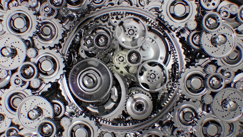 A detailed view of rotating gears, each driving another to form a seamless motion. A strong visual metaphor for a well-functioning machine or business structure.