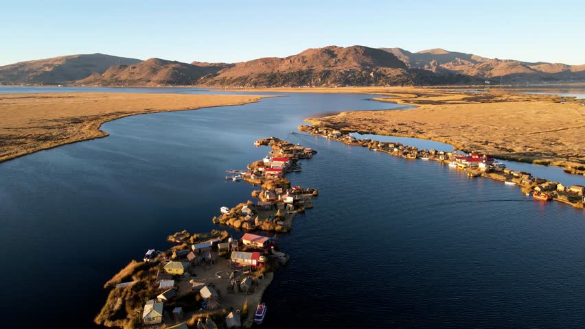 Lake Titicaca Floating Islands Uros Peru man-made drone aerial view South America