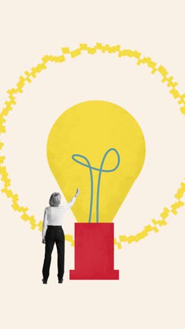 Contemporary art collage. Confident woman in official attire stands near huge light bulb and trying to turn it on, as it launch of project. Concept of business idea, teamwork, motivation, development.