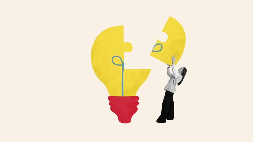 Contemporary art collage. Young woman in monochrome, connect puzzles pieces to make form of colorful light bulb against beige background. Concept of business, idea, creativity, personal development.