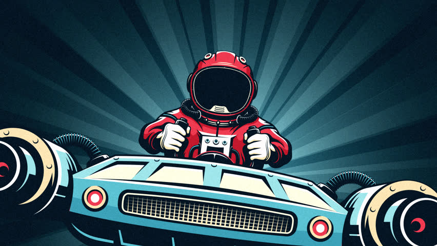 Astronaut in spacesuit grips the steering wheel of a space car. Vibrant rays on background. Looped animations in comics style.