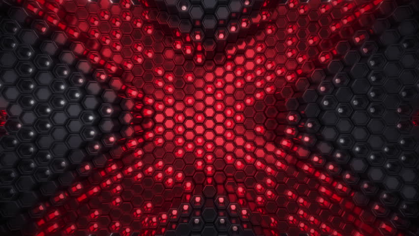 X Sign Reveal In Honeycomb Array Of Black And Red Metallic Hexagon Pillars that form seamless animation. Abstract geometric 3D background.