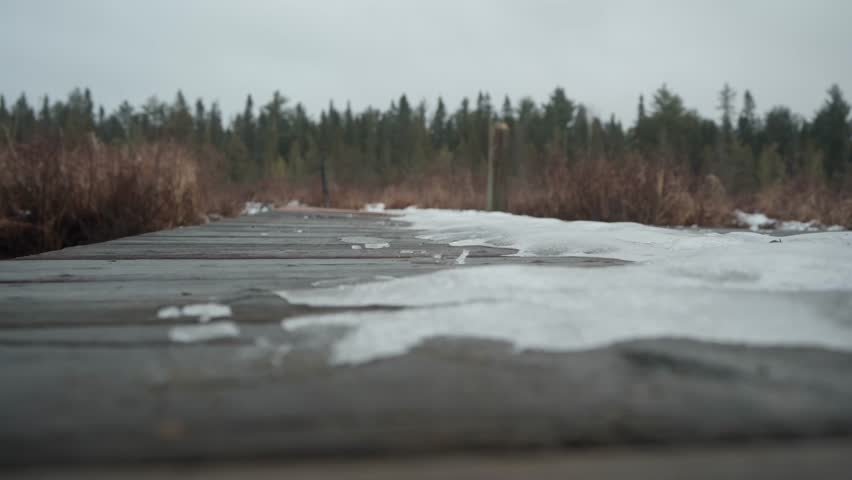 A low angle showing icy ground, then a man walking by towards the forest in a winter overcast day in Algonquin Park, Ontario, Canada