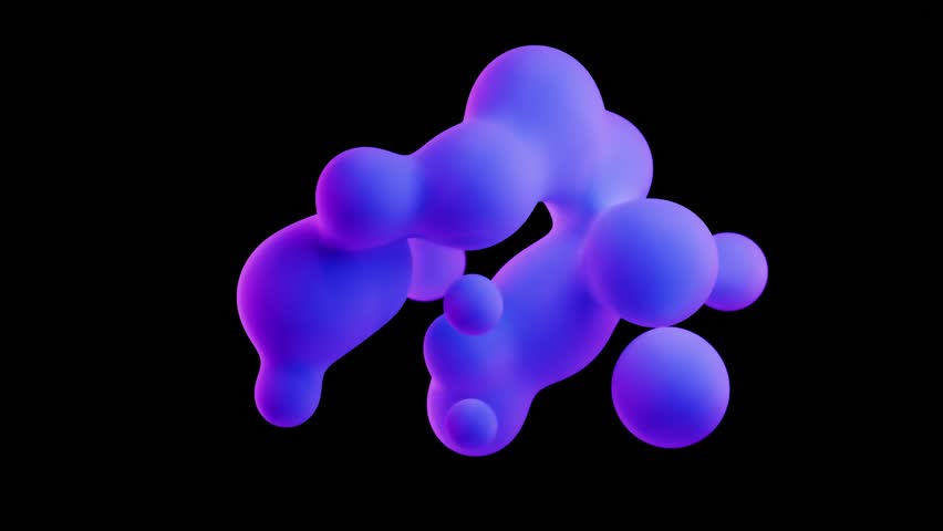 3d liquid purple blobs set animation loop. Abstract colored spheres in flight. Realistic render of bubbles on an isolated background. Illustration of lava lamp elements.