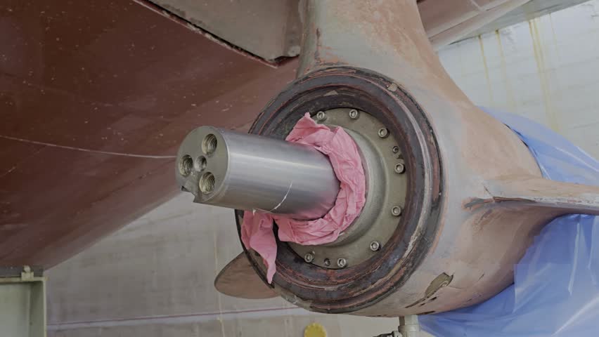 Ship thruster under maintenance in drydock with propeller removed, revealing stainless steel shaft
