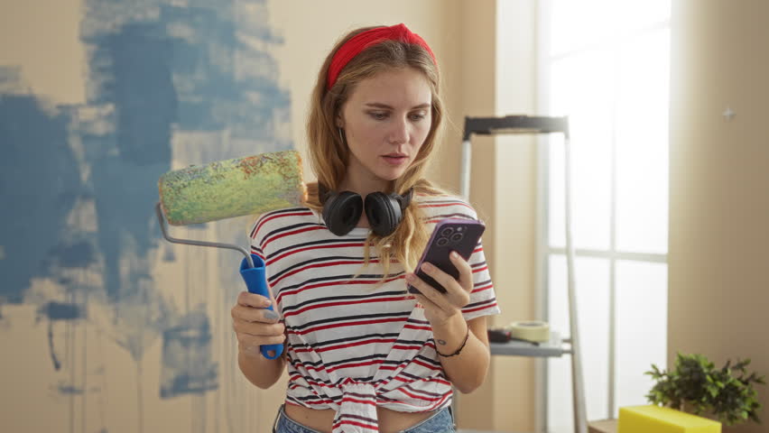 Woman painting living room while using phone in her home wearing striped shirt with headphones around neck, roller in hand, focusing on renovation project.