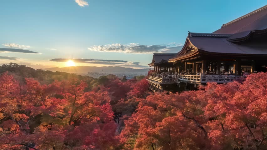 Kyoto Japan time lapse day to night sunset at Kiyomizu dera temple in autumn season