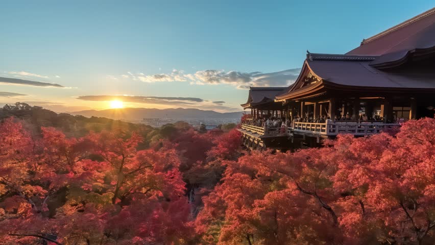 Kyoto Japan time lapse day to night sunset at Kiyomizu dera temple in autumn season