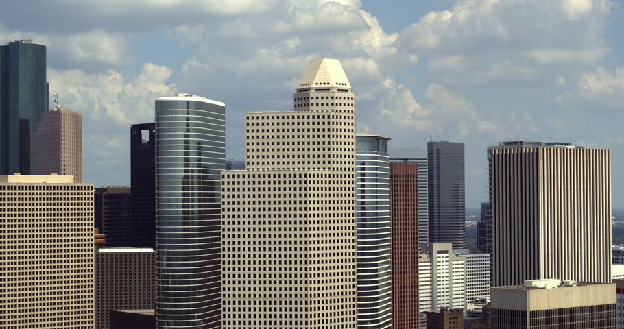 High-Angle Aerial Drone View of Skyscrapers in Downtown Houston, Texas