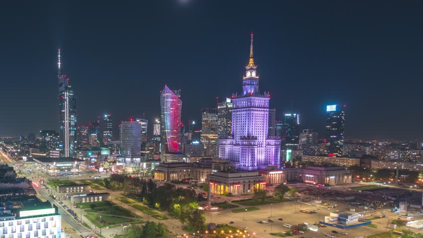Warsaw Poland time lapse high angle view night city skyline at Centrum Square downtown business district