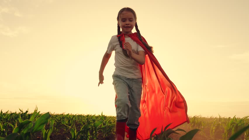 happy child superhero costume running sunset, housekeeping, child corn field, wheat summer, children's dream running, children dream airplane pilot, little girl farming, child running, dream airplane