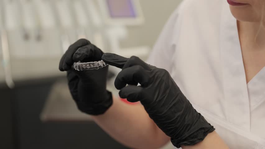 A dental professional carefully inspects the eyeliners, ensuring hygiene standards are met