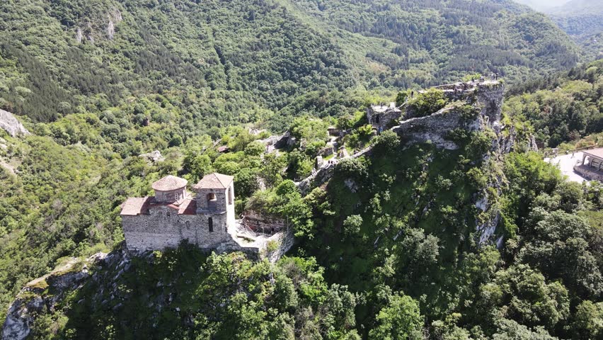 Aerial Spring view of Church of the Holy Mother of God at ruins of Medieval Asen Fortress, Asenovgrad, Plovdiv Region, Bulgaria