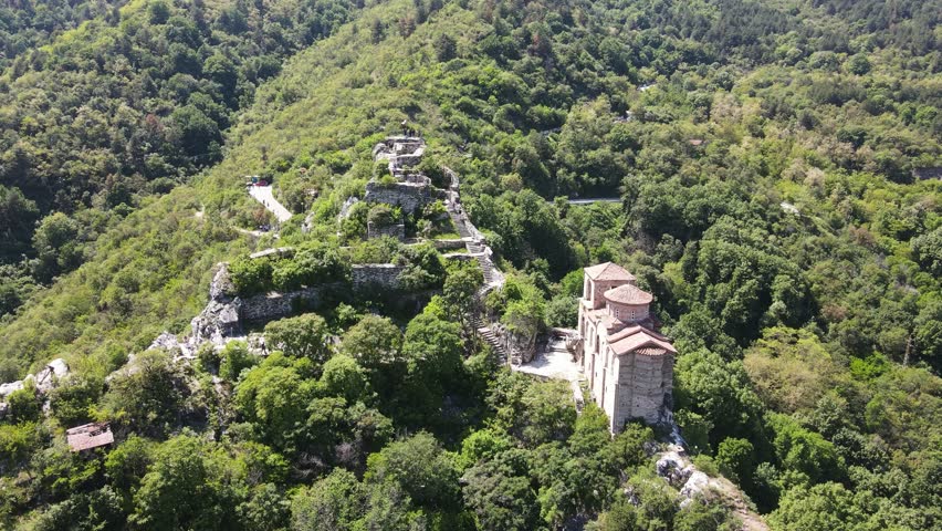 Aerial Spring view of Church of the Holy Mother of God at ruins of Medieval Asen Fortress, Asenovgrad, Plovdiv Region, Bulgaria