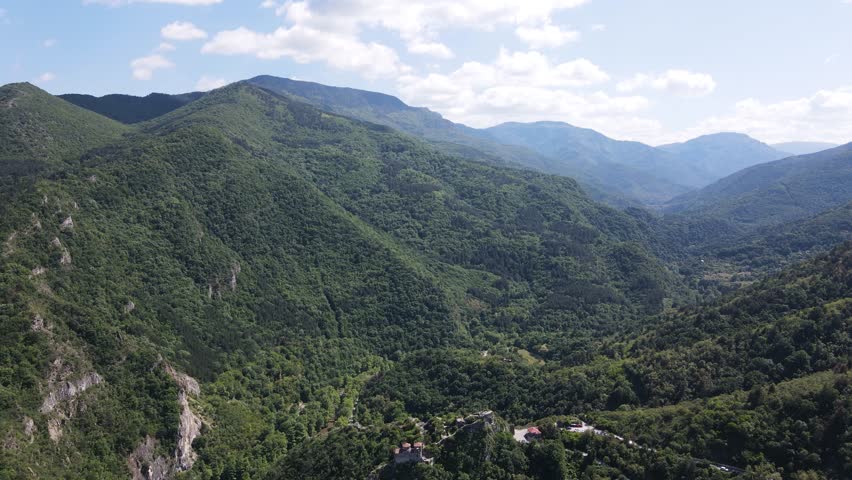 Aerial Spring view of Church of the Holy Mother of God at ruins of Medieval Asen Fortress, Asenovgrad, Plovdiv Region, Bulgaria