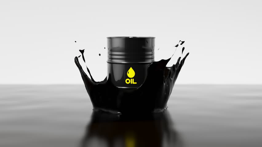Black metal oil barrel fall in the pond of crude oil with liquid splash. Oil industry concept. 3d render animation. 3D Illustration