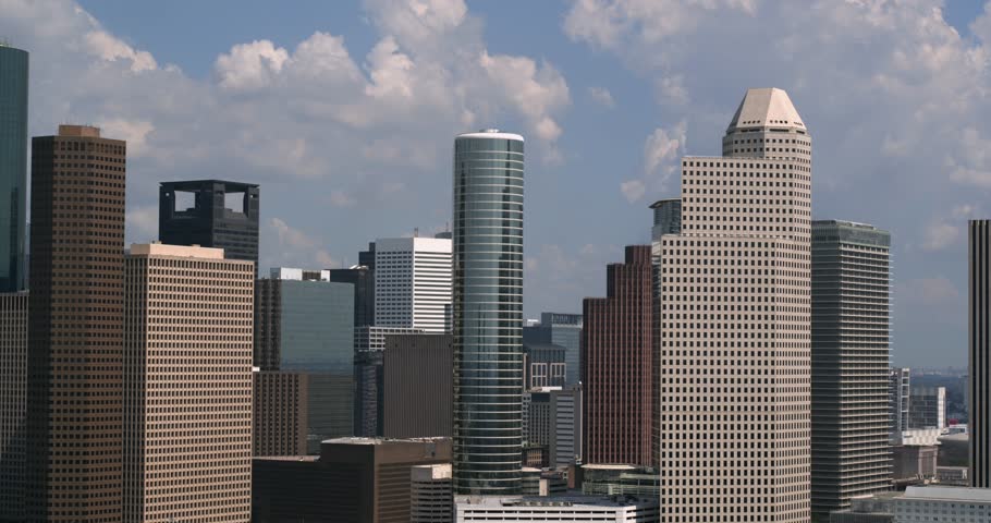 Skyline View: High-Angle Drone Footage of Downtown Houston Skyscrapers