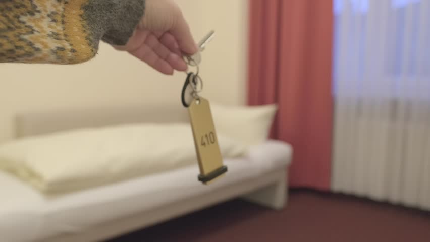 keys in female hand, hotel bedroom with neatly made bed covered in clean white linens, , room rental, comfort and relaxation, Hotel Service and Hospitality, Tourism and Travel, restful night