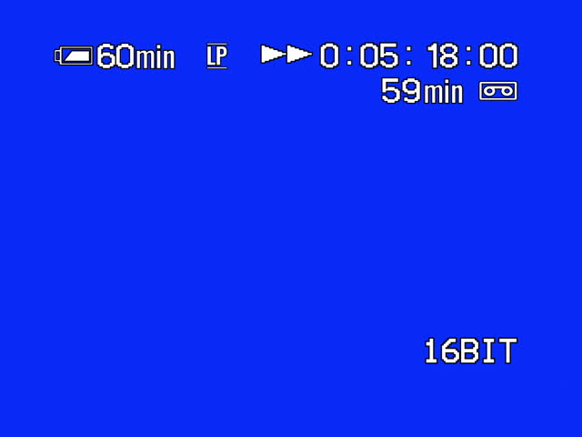 Recording screen menu on blue background. Recording interface from an old video camera with timecode. Menu VHS Camcorder on chroma key. 4:3 format.