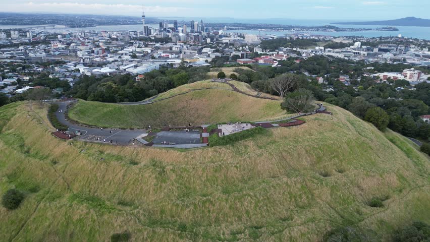 Mount Eden Auckland – Flyover Drone Shot of the Cityscape