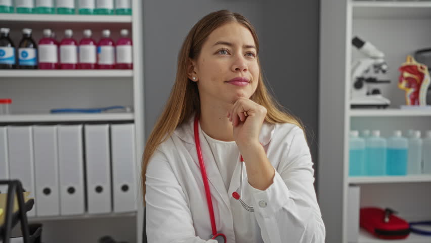 Young caucasian woman doctor in uniform, a thoughtful thinker with a pensive expression and doubtful face, chin in hand at the clinic, questioning life