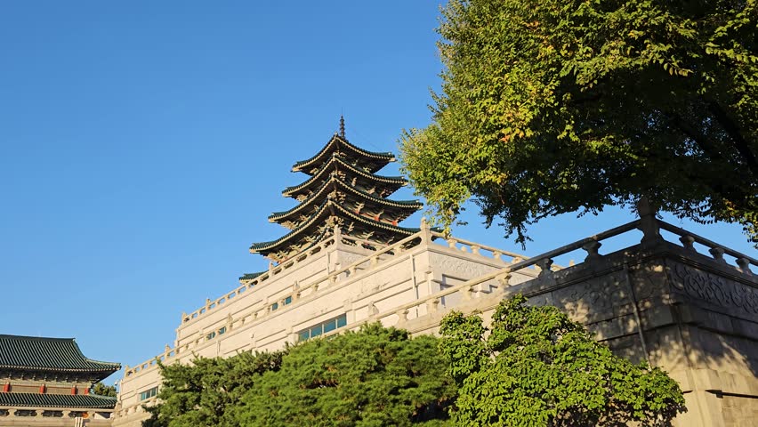 A View Of Pagoda At Gyeongbokgung Palace In The National Folk Museum Of Korea, Seoul, South Korea. Low Angle Sideways