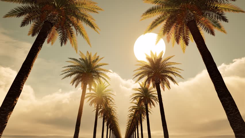Palm tree alley sunset move to the Sun 4k. 3D Illustration
