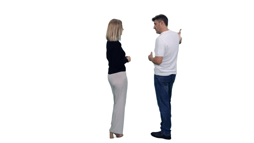Back view of adult man standing and something explaining to stylish woman, Full HD footage with alpha transparency channel isolated on white background