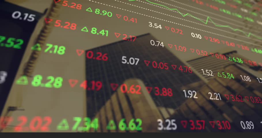 Animation of stock market numbers and arrows reflecting on skyscraper glass facade. Finance, investment, trading, economy, data, architecture