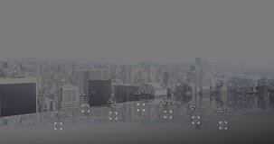 City skyline with animation of digital data points and analytics overlay. Technology, cityscape, futuristic, innovation, digital transformation, data visualization - Powered by Shutterstock - Get 15% off with code: PIKWIZARD15