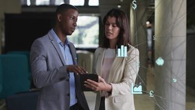 Business professionals discussing data on tablet with currency symbols animation. finance, technology, collaboration, teamwork, digital, communication - Powered by Shutterstock - Get 15% off with code: PIKWIZARD15