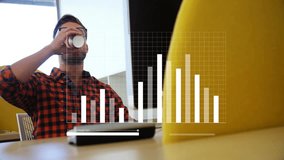 Man in checkered shirt drinking coffee with bar graph animation overlay. Business, finance, analysis, technology, entrepreneur, digital - Powered by Shutterstock - Get 15% off with code: PIKWIZARD15