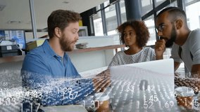 Diverse team discussing project at office with data processing animation overlay. Teamwork, collaboration, diversity, innovation, data analysis, brainstorming - Powered by Shutterstock - Get 15% off with code: PIKWIZARD15