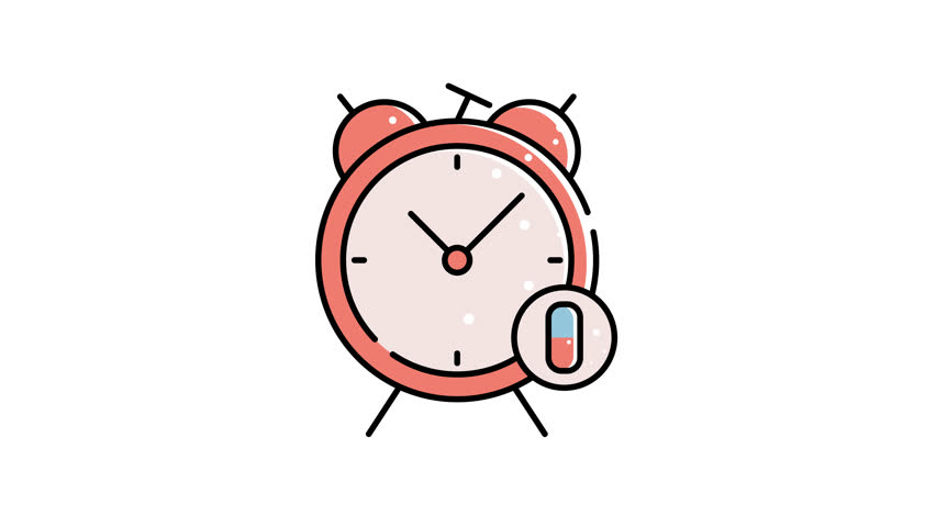 animation of Red alarm clock with a pill next to it. Red alarm clock with a pill beside it. Suitable for healthcare, time management, medical reminders, and medication schedule concepts in graphic des