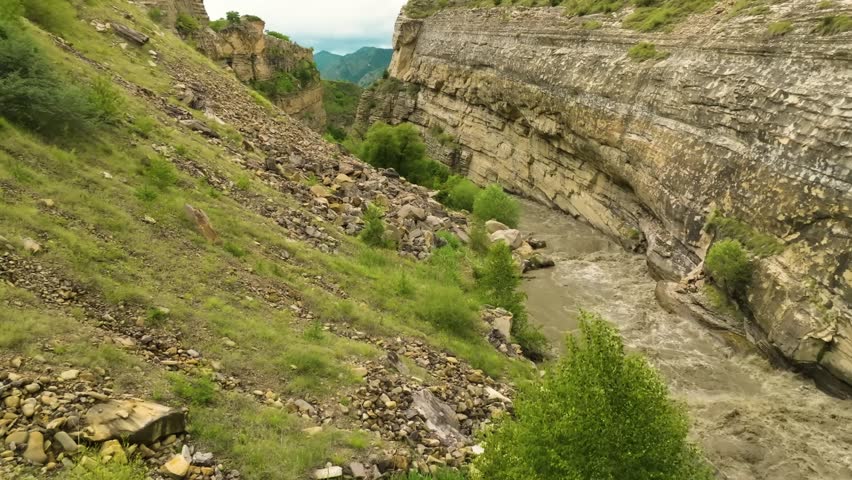 Scenic aerial shot of Kara-Koisu River, Dagestan, flowing between tree-covered mountains, showcasing the untouched wilderness.