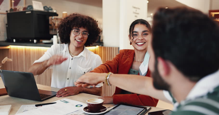 People, hands together and restaurant team in circle, sales goals and applause for motivation. Employees, coffee shop and huddle for collaboration in bistro, clapping and ambition for retail target