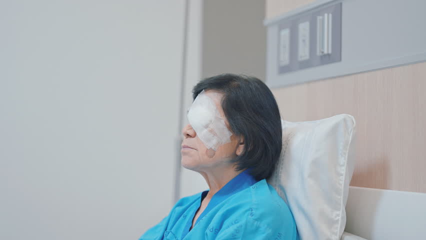 Elderly Woman with eye protective shield after eye surgery. Eye disease, Cataract,  Glaucoma, Age Related Macular Degeneration, Diabetic Retinopathy, Vitreous, Lasik, World Glaucoma day and health 