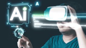A man wearing VR glasses interacting with a holographic globe. Text overlay of "AI" and digital command prompts. - Powered by Shutterstock - Get 15% off with code: PIKWIZARD15