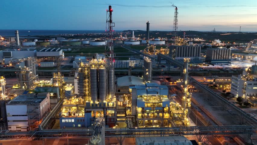 Aerial view of refinery and oil tank at dusk. Business and petrochemical plants, oil storage tanks and steel pipes at night