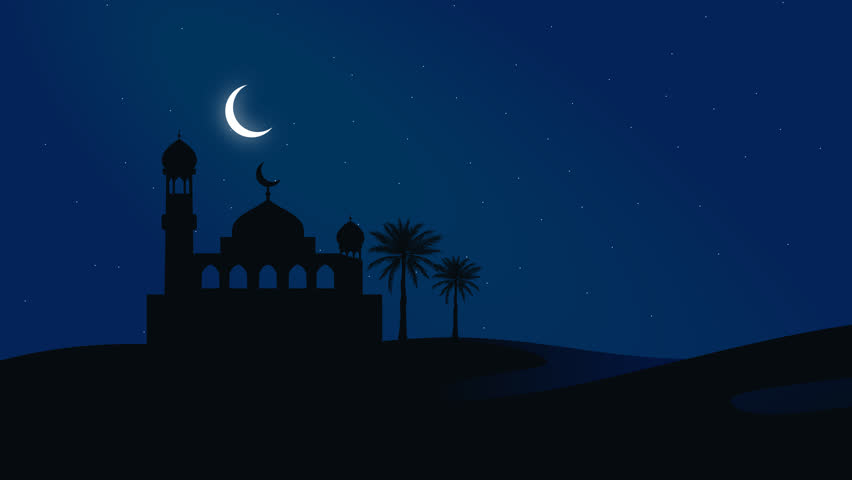 Islamic background animation with night view of a mosque silhouette in the desert. It is good for Islamic celebrations, such as Ramadan, Eid al Fitr, Eid al Adha, etc.