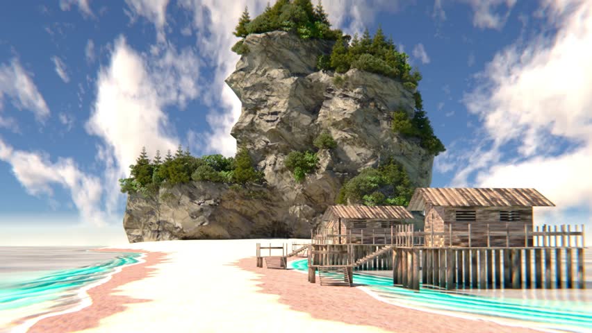 Water house on the beach towards the island