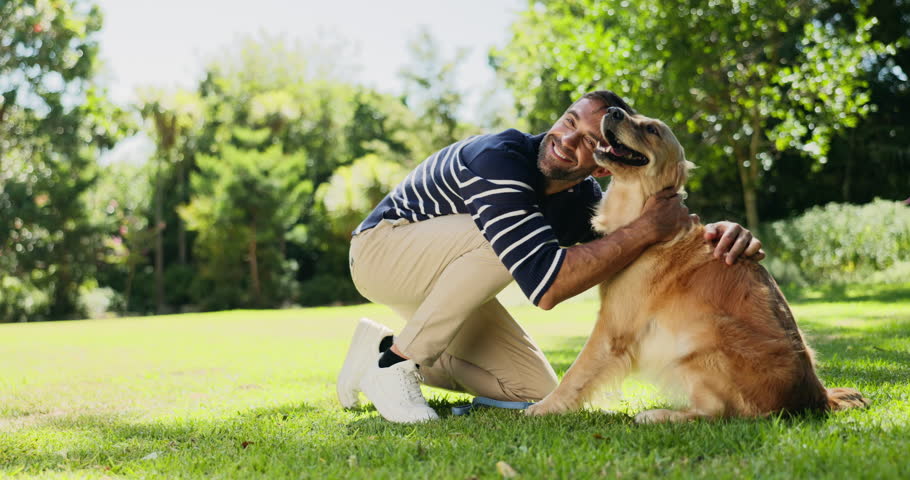 Happy, hug and man with dog in park for adventure, training and playing together outdoor. Pets, animal care and owner bonding with Golden Retriever in nature for wellness, health or exercise on grass