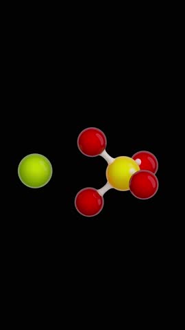 Molecule of Magnesium Sulfate. Animated chemical 3D Model: Ball and stick. Molecular Formula: MgSO4. Black background. Seamless loop. Vertical screen. 3D rendering.