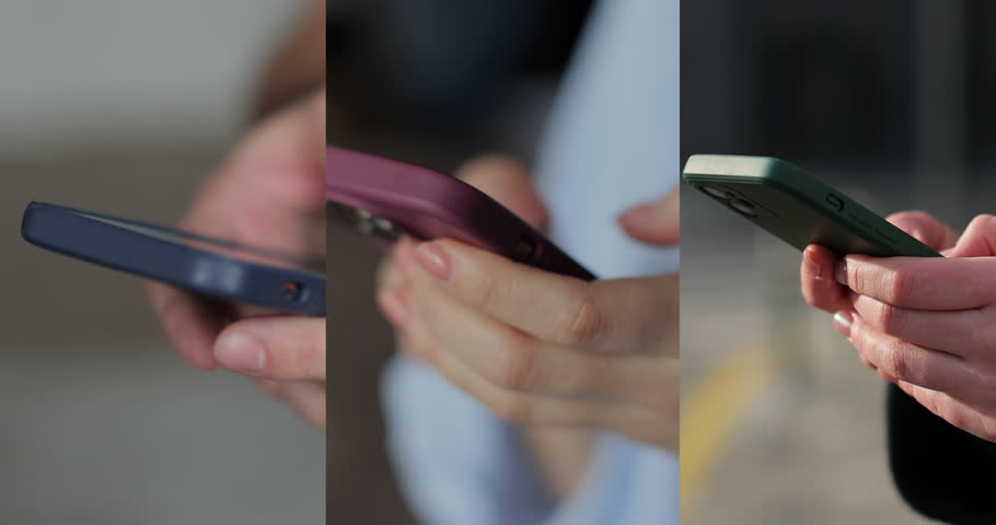 Multiscreen on people using smartphone in everyday life. People using the mobile phone. No-mobile-phone phobia. Multiscreen footage. Split screen variation.
