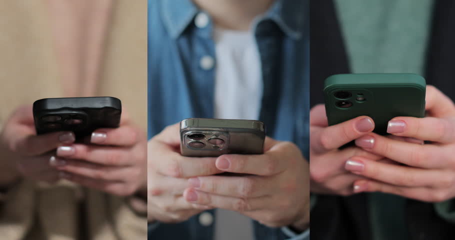 Multiscreen on people using smartphone in everyday life. People using the mobile phone. No-mobile-phone phobia. Multiscreen footage. Split screen variation.