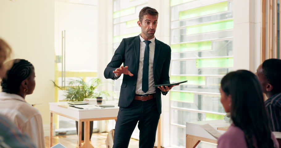 Professor, tablet and college with man in classroom for education, speaker and mentor. Learning, knowledge and teacher with people or University students in school for studying and scholarship