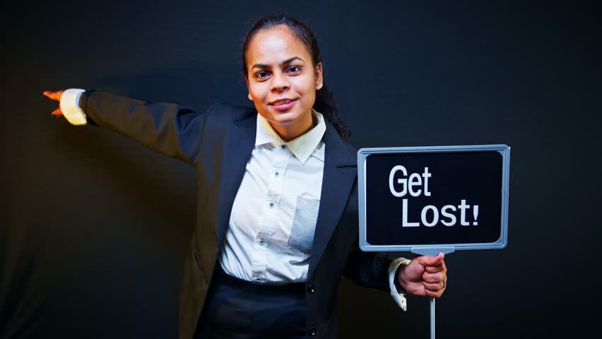 Get lost signboard gripped by lady in formal wear, Model stands advertising while holding placard, Corporate girl reveals exit now sign, Office woman gesture says leave right away, Display template