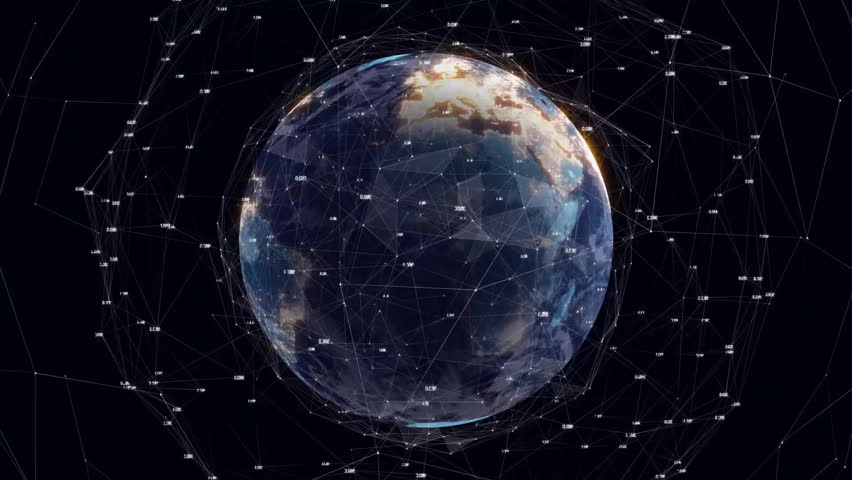 Animation of digital world map with data points and network connections around Earth. Globalization, connectivity, technology, cyberspace, communication, virtual